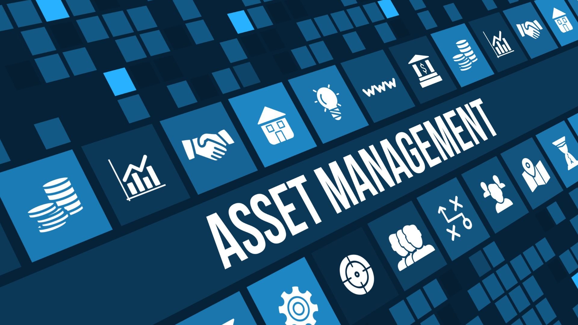 Asset management concept with icons and data visualization in blue