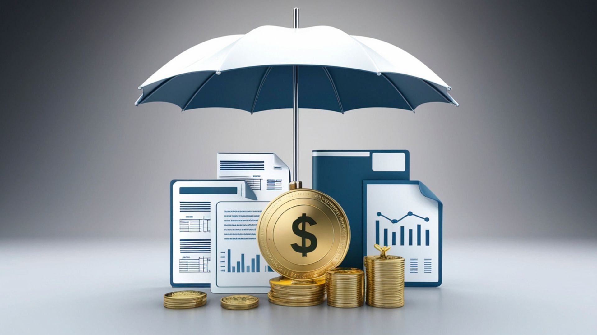 Umbrella protecting financial documents and gold coins, symbolizing financial security