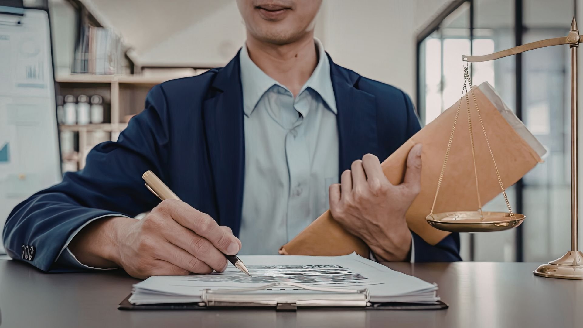 Lawyer writing document with justice scale in professional office setting