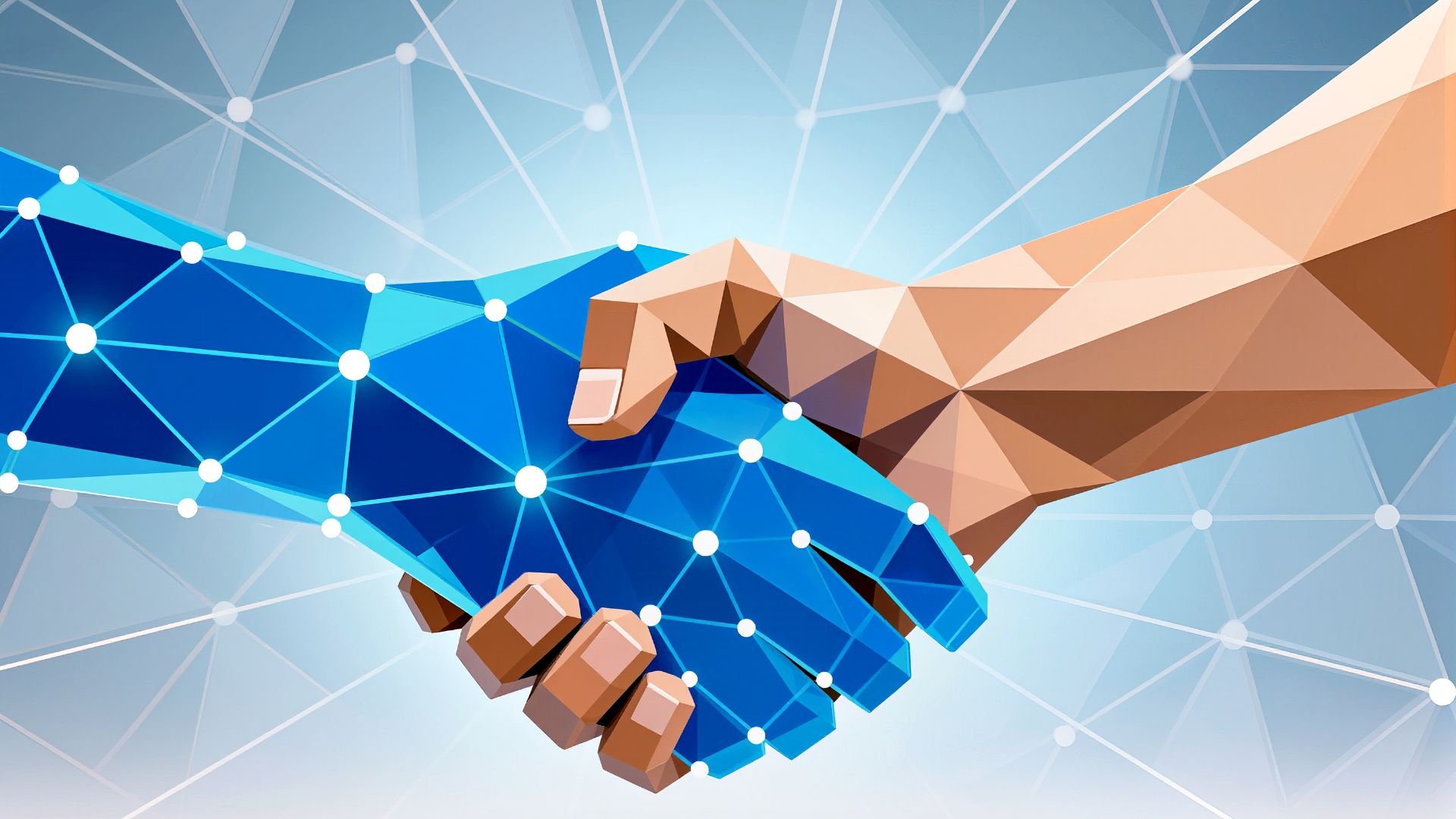 Digital network handshake symbolizing technology, collaboration, and connection